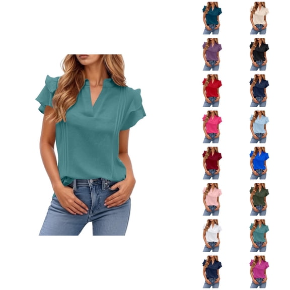 Womens T Shirts Summer Tops 2025 Solid Color V-Neck Double Layer Ruffle Sleeve Casual Tees Tshirts Shirts for Women
