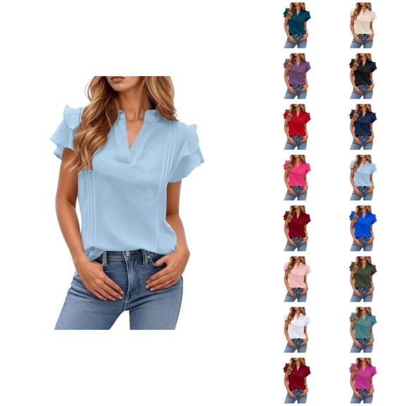 Womens T Shirts Summer Tops 2025 Solid Color V-Neck Double Layer Ruffle Sleeve Casual Tees Tshirts Shirts for Women