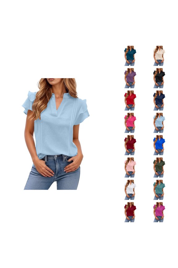 Womens T Shirts Summer Tops 2025 Solid Color V-Neck Double Layer Ruffle Sleeve Casual Tees Tshirts Shirts for Women