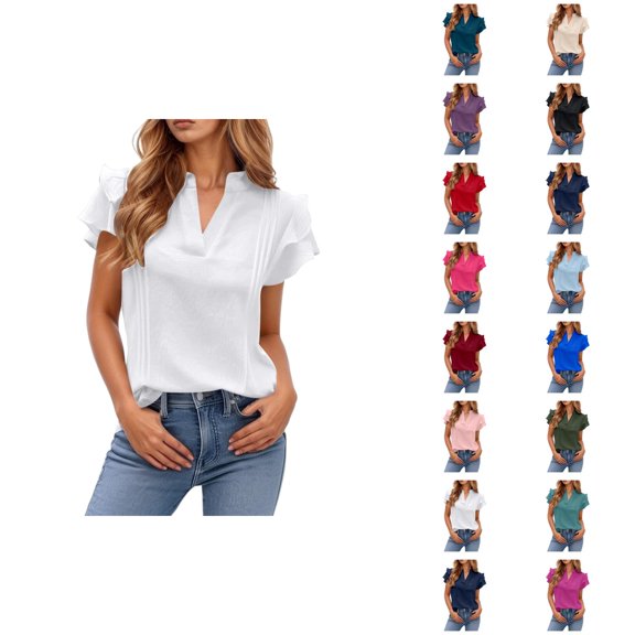 Womens T Shirts Summer Tops 2025 Solid Color V-Neck Double Layer Ruffle Sleeve Casual Tees Tshirts Shirts for Women