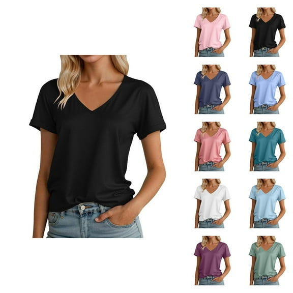 Womens T Shirts Summer Tops 2025 Solid Color V-Neck Short Sleeve Drop Shoulder Casual Tees Tshirts Shirts for Women