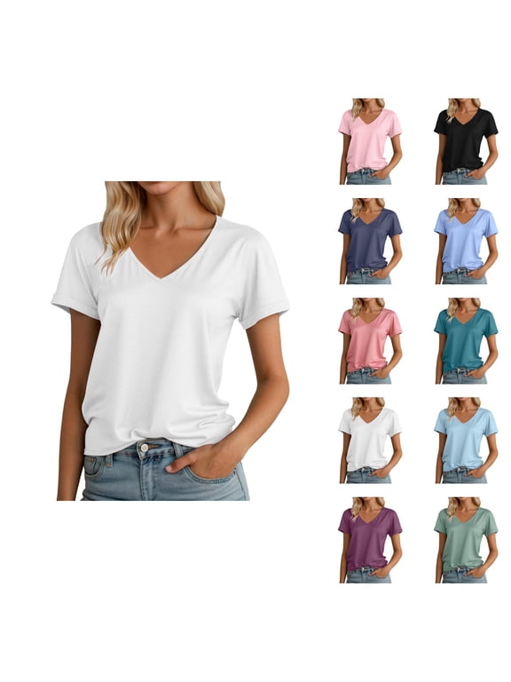 Womens T Shirts Summer Tops 2025 Solid Color V-Neck Short Sleeve Drop Shoulder Casual Tees Tshirts Shirts for Women