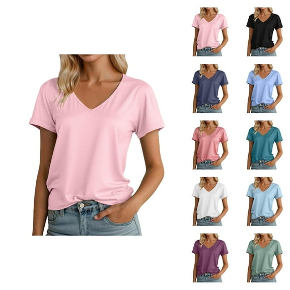 Womens T Shirts Summer Tops 2025 Solid Color V-Neck Short Sleeve Drop Shoulder Casual Tees Tshirts Shirts for Women