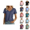 thumbnail image 1 of Womens T Shirts Summer Tops 2025 Solid Color V-Neck Short Sleeve Drop Shoulder Casual Tees Tshirts Shirts for Women, 1 of 7