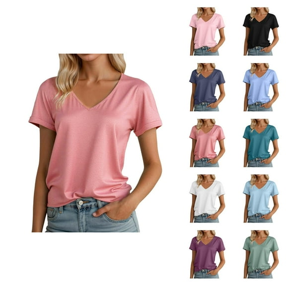 Womens T Shirts Summer Tops 2025 Solid Color V-Neck Short Sleeve Drop Shoulder Casual Tees Tshirts Shirts for Women