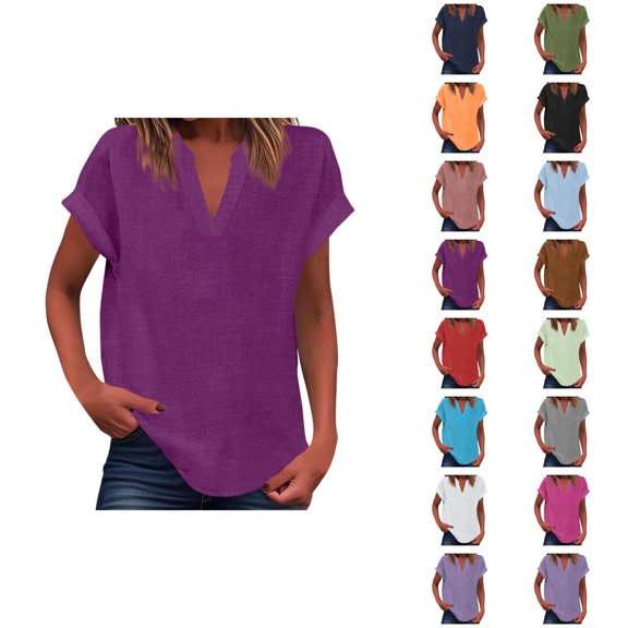 Womens T Shirts Summer Tops 2025 Solid Color V-Neck Short Sleeve Loose Fit Lightweight Tees Tshirts Shirts for Women