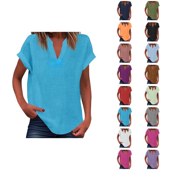 Womens T Shirts Summer Tops 2025 Solid Color V-Neck Short Sleeve Loose Fit Lightweight Tees Tshirts Shirts for Women