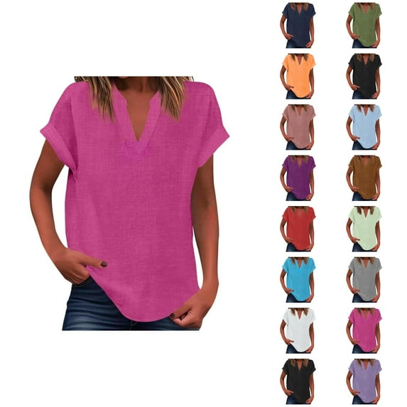 Womens T Shirts Summer Tops 2025 Solid Color V-Neck Short Sleeve Loose Fit Lightweight Tees Tshirts Shirts for Women