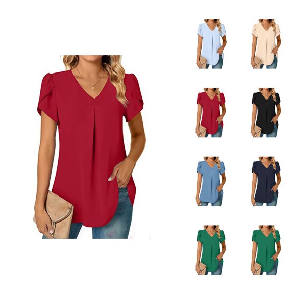 Womens T Shirts Summer Tops 2025 Solid Color V-Neck Short Sleeve Pleat Tunic Stylish Tees Tshirts Shirts for Women