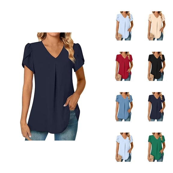 Womens T Shirts Summer Tops 2025 Solid Color V-Neck Short Sleeve Pleat Tunic Stylish Tees Tshirts Shirts for Women
