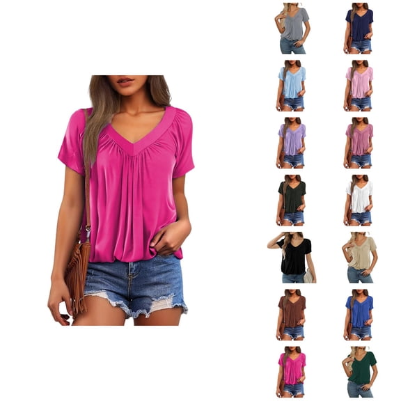 Womens T Shirts Summer Tops 2025 Solid Color V-Neck Short Sleeve Pleated Casual Loose Tees Tshirts Shirts for Women