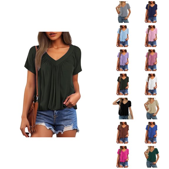 Womens T Shirts Summer Tops 2025 Solid Color V-Neck Short Sleeve Pleated Casual Loose Tees Tshirts Shirts for Women
