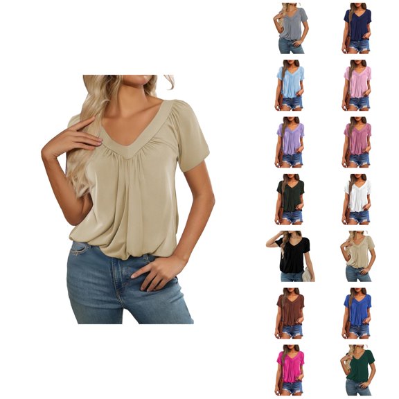 Womens T Shirts Summer Tops 2025 Solid Color V-Neck Short Sleeve Pleated Casual Loose Tees Tshirts Shirts for Women
