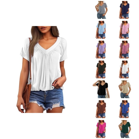Womens T Shirts Summer Tops 2025 Solid Color V-Neck Short Sleeve Pleated Casual Loose Tees Tshirts Shirts for Women