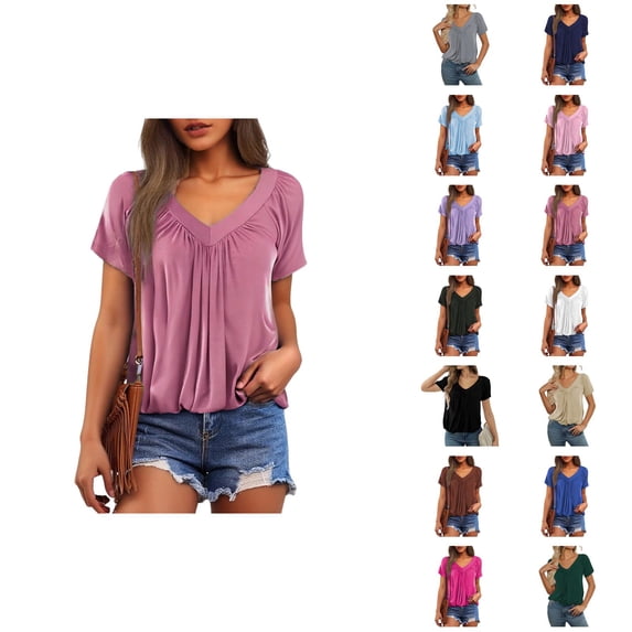 Womens T Shirts Summer Tops 2025 Solid Color V-Neck Short Sleeve Pleated Casual Loose Tees Tshirts Shirts for Women