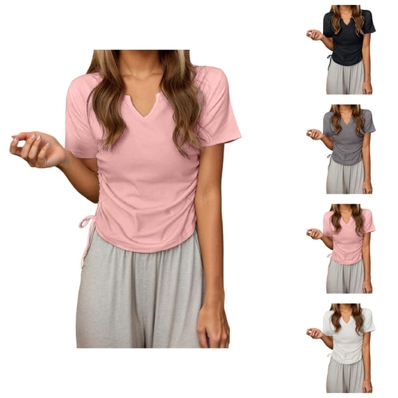 Womens T Shirts Summer Tops 2025 Solid Color V-Neck Short Sleeve Side Drawstring Basic Tees Tshirts Shirts for Women