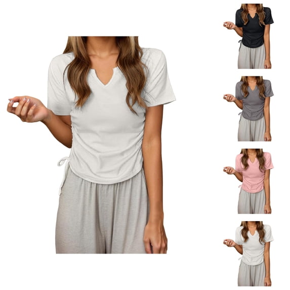 Womens T Shirts Summer Tops 2025 Solid Color V-Neck Short Sleeve Side Drawstring Basic Tees Tshirts Shirts for Women