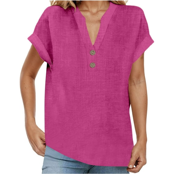 Womens T Shirts Summer Tops 2025 Solid Color V-Neck Short Sleeve Stand Collar Loose Tees Tshirts Shirts for Women