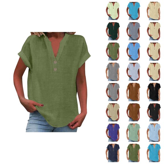 Womens T Shirts Summer Tops 2025 Solid Color V-Neck Short Sleeve Stand Collar Loose Tees Tshirts Shirts for Women