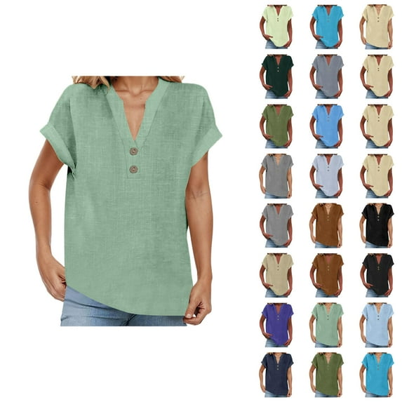 Womens T Shirts Summer Tops 2025 Solid Color V-Neck Short Sleeve Stand Collar Loose Tees Tshirts Shirts for Women