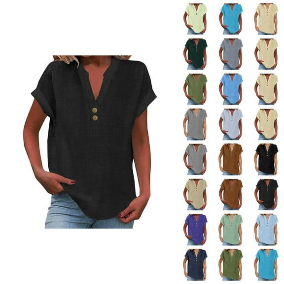 Womens T Shirts Summer Tops 2025 Solid Color V-Neck Short Sleeve Stand Collar Loose Tees Tshirts Shirts for Women