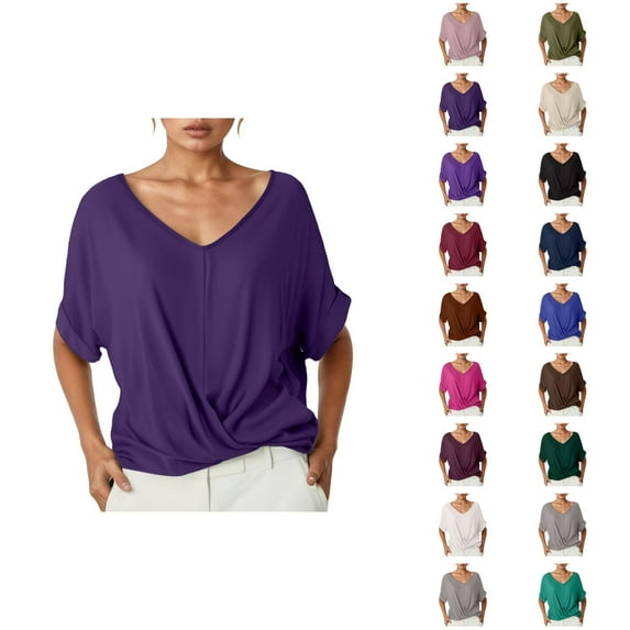 Womens T Shirts Summer Tops 2025 Solid Color V-Neck Short Sleeve Twist Knot Hem Stylish Tees Tshirts Shirts for Women