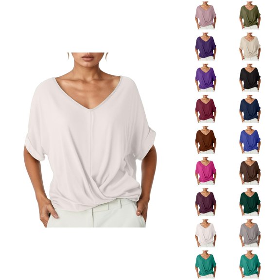 Womens T Shirts Summer Tops 2025 Solid Color V-Neck Short Sleeve Twist Knot Hem Stylish Tees Tshirts Shirts for Women