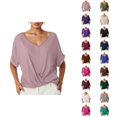 thumbnail image 1 of Womens T Shirts Summer Tops 2025 Solid Color V-Neck Short Sleeve Twist Knot Hem Stylish Tees Tshirts Shirts for Women, 1 of 6