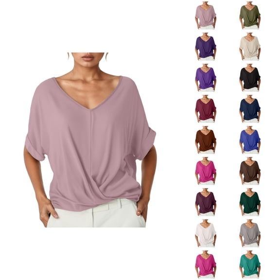 Womens T Shirts Summer Tops 2025 Solid Color V-Neck Short Sleeve Twist Knot Hem Stylish Tees Tshirts Shirts for Women