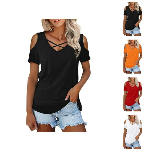 Womens T Shirts Summer Tops 2025 Solid Color V-Neck Shoulder Hollow Out Stylish Casual Tees Tshirts Shirts for Women