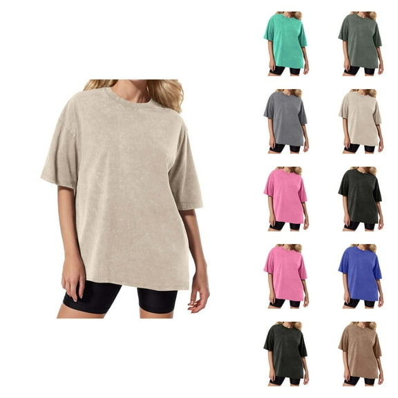 Womens T Shirts Summer Tops 2025 Washed Distressed Crewneck Drop Shoulder Loose Basic Tees Tshirts Shirts for Women