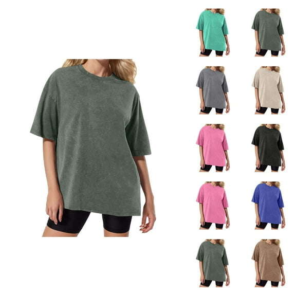 T Shirts for Women 2025 Washed Distressed Short Sleeve Crewneck Drop Shoulder Oversized Plain Tshirt Womens T Shirts