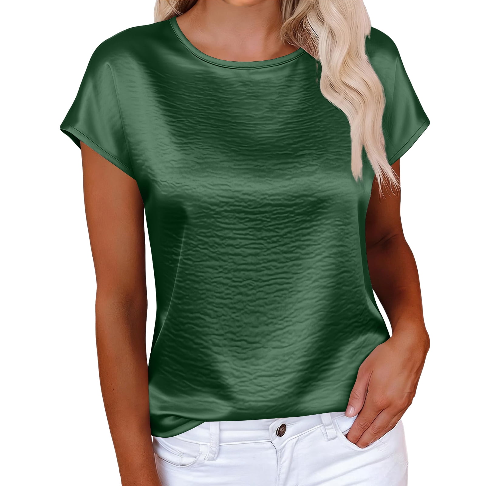 Womens T Shirts Summer Tops Cap Sleeve Crewneck Solid Color Casual ...