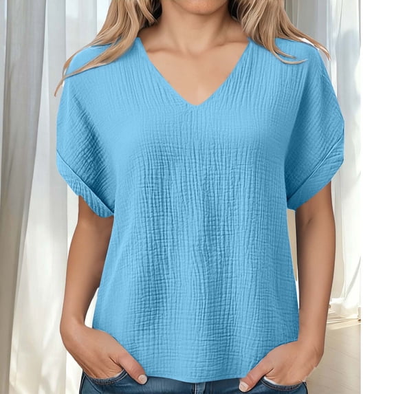 Womens T Shirts Summer V Neck Short Sleeve Casual Tops Loose Basic Tees with Double-Layered Pleated