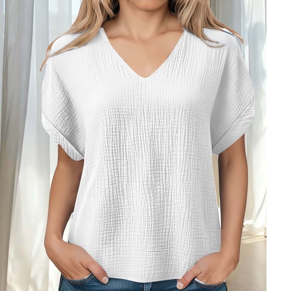 Womens T Shirts Summer V Neck Short Sleeve Casual Tops Loose Basic Tees with Double-Layered Pleated