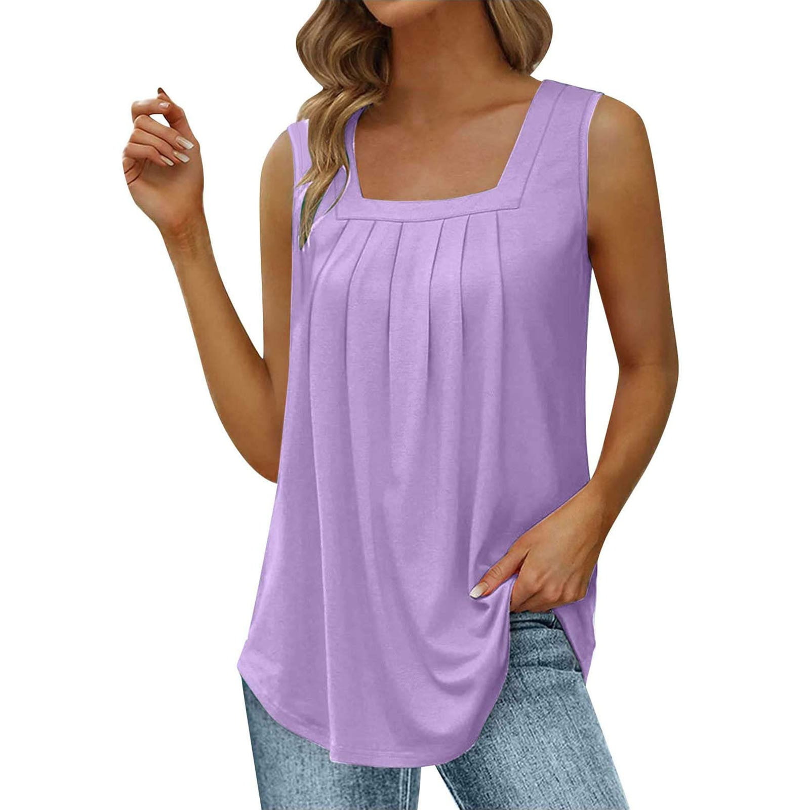 Womens T Shirts Summer Vest Loose Pleated Square Neck Sleeveless Top