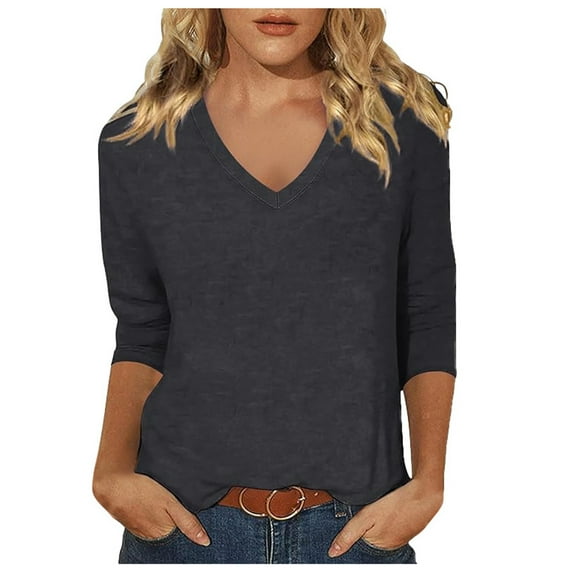 Womens T Shirts Tee Arm Sleeves V-Neck Solid Color Womens Athletic Tops Comfort Loose Fit Tops for Women 2025 Summer,Grey,XL