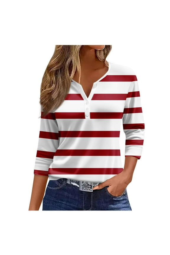 Womens T Shirts Three Quarter Sleeve Printed Casual Daily Tee Tunic Blouse Top Brick Red L