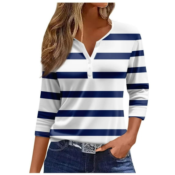 Womens T Shirts Three Quarter Sleeve Printed Casual Daily Tee Tunic Blouse Top Navy L