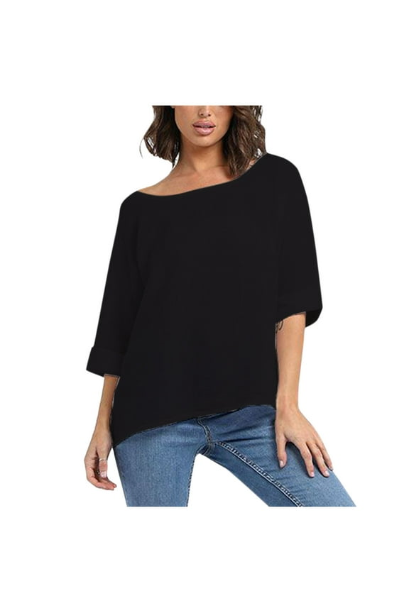 Womens T Shirts Three Quarter Sleeve Round Neck Linen Crop Casual Blouse Top Plus Size Black One Size