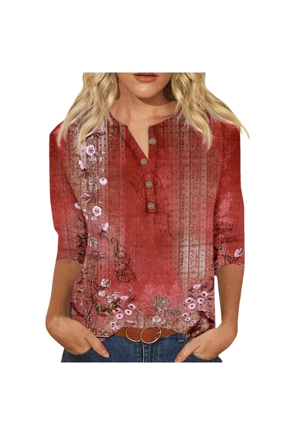 Womens T Shirts Three Quarter Sleeve V Neck Colorful Gradient Geometric Print Button Casual Top Blue XXL