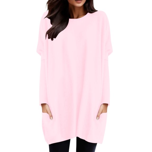 Womens T Shirts Tops Autumn And Winter Comtable Round Neck Long Sleeve Long Pocket Puff Sleeve Print Ladies Casual Blouse,Pink,M