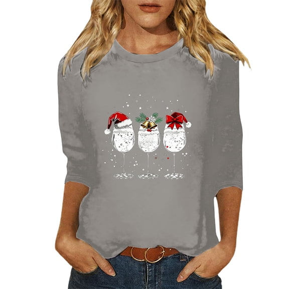 Womens T Shirts Tops Christmas 3/4 Sleeve Print Crewneck Ladies Holiday Season Fall Clothes for Women Tees Blouses Grey Size M