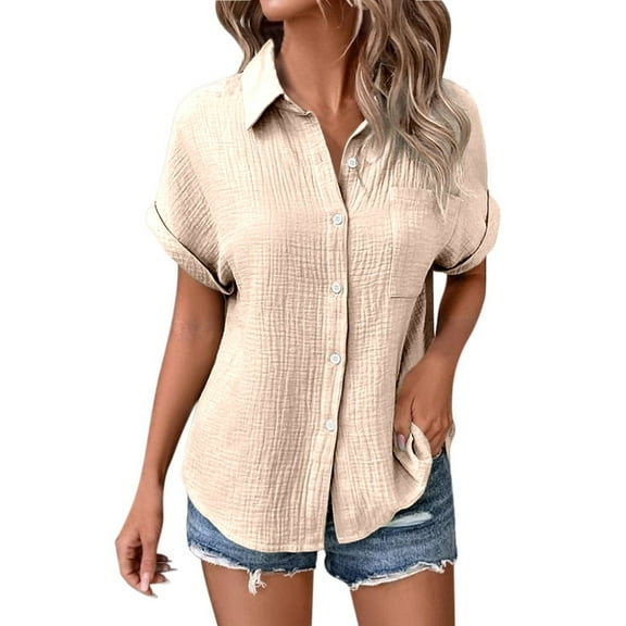 Womens T Shirts Tops Fashionable Solid Color Folding Sleeves Button Short Sleeved Womens Clothes,Beige,L
