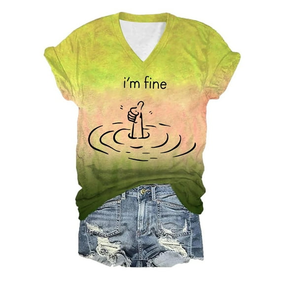 Womens T Shirts Tops I'M Fine Funny Graphic Loose Fit Sarcastic Saying Short Sleeve Fall Clothes for Women Tees Blouses Light Green Size S