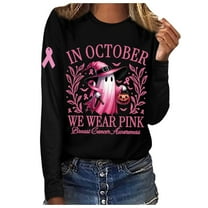 Womens T Shirts Tops In October We Wear Breast Cancer Awareness Long Sleeve Womens Golf Shirt,Black,L