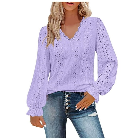 Womens T Shirts Tops Long Sleeved V-Neck Sweater Solid Color Womens Golf Shirt,Purple,2XL