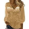 thumbnail image 1 of Womens T Shirts Tops New V Neck Shiny Sequin Elegant Sequin Long Sleeve Loose Version Of Sequin Womens Golf Shirt,Gold,L, 1 of 5