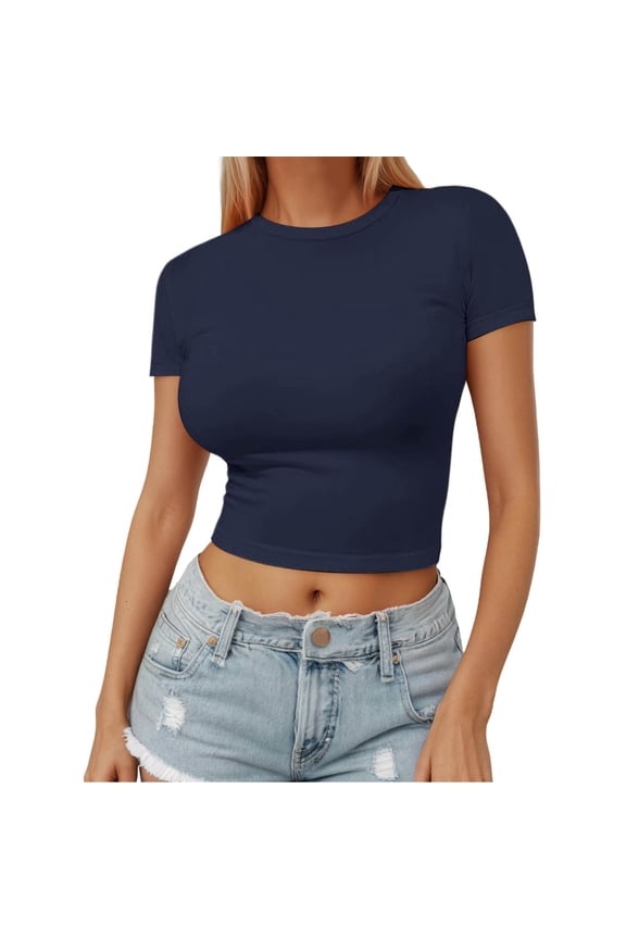 Womens T Shirts Tops Pullover A Thin Round Neck Fashionable Short Sleeved Milk Silk Plus Size Shirts,Navy,XS