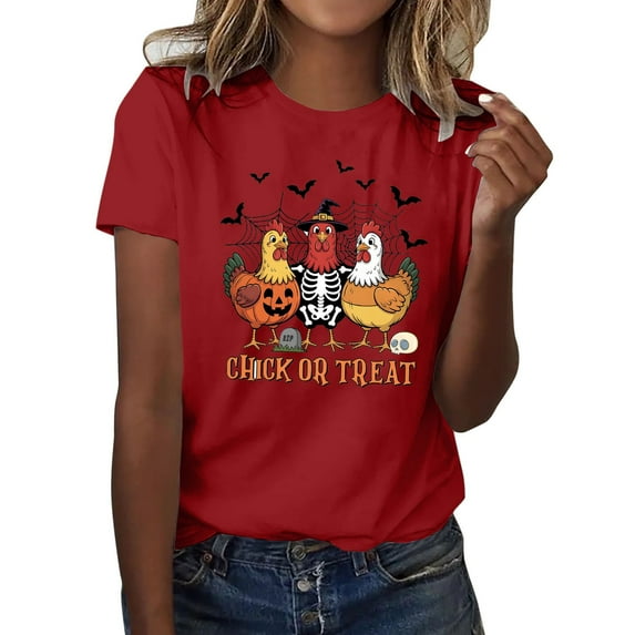 Womens T Shirts Tops Short Sleeve Round Neck Chicken Print Comfortable Soft Ladies Clothing,Red,3XL